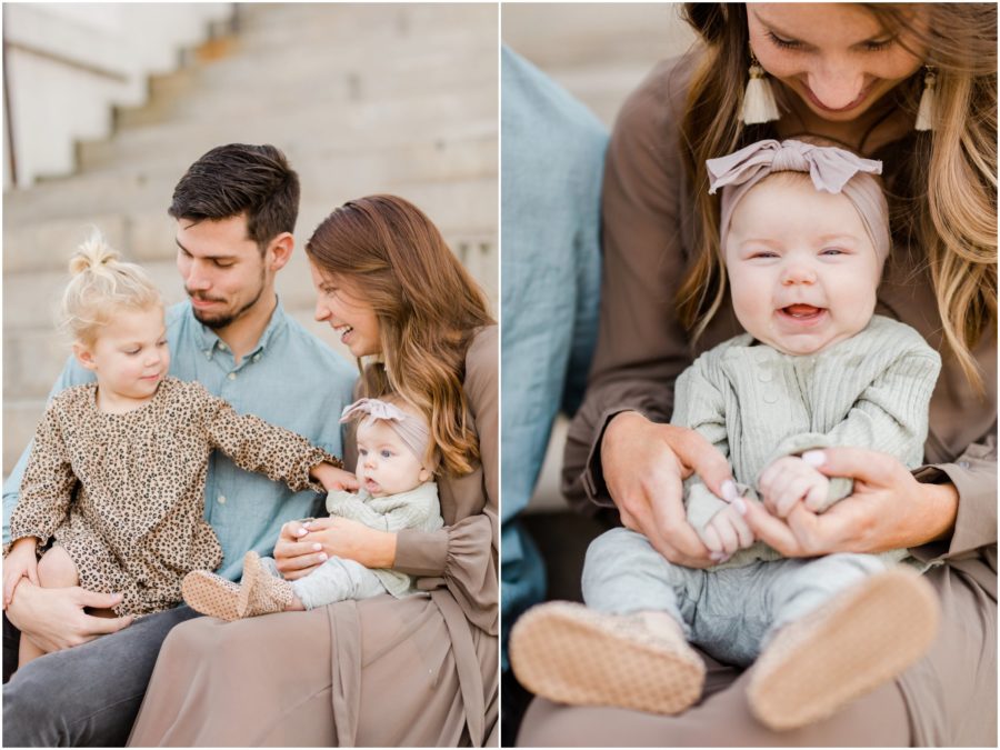 Downtown Greenville, SC Family session with neutral colored outfits